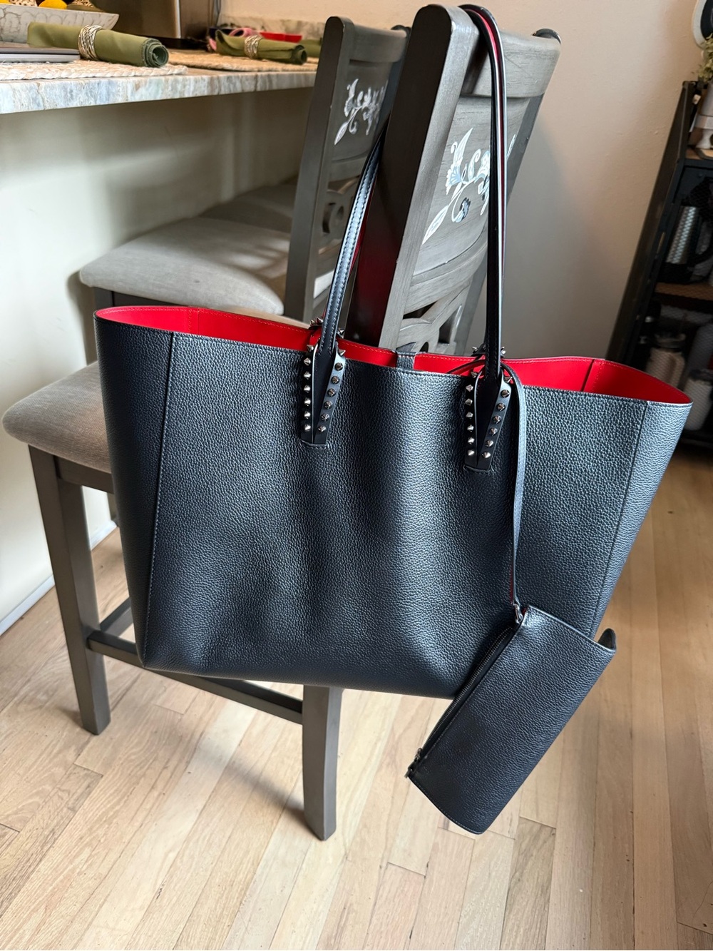 Christian Louboutin Black and Red Stud-Trim Tote Bag with Wrist Pouch. - Picture 2 of 6
